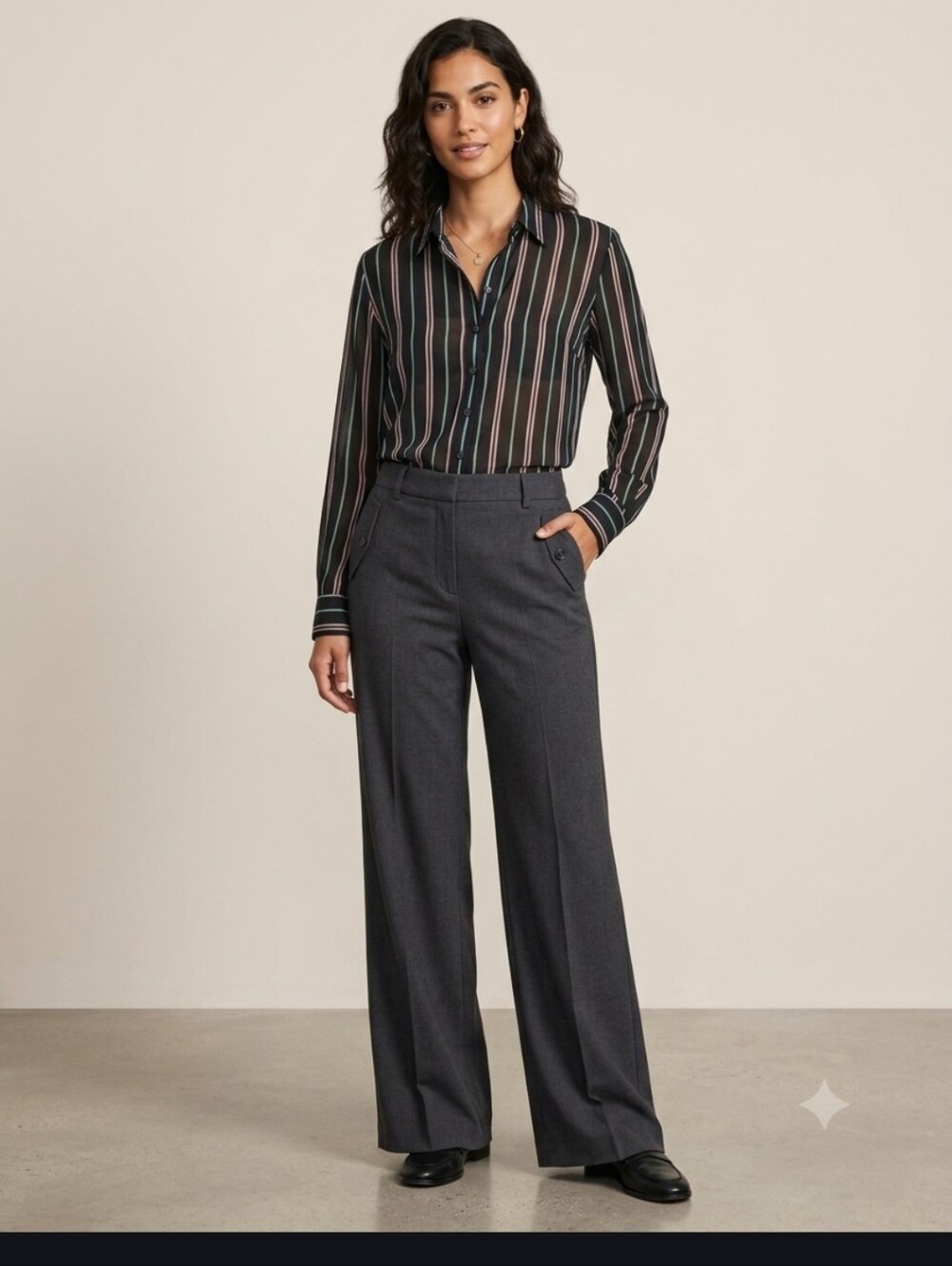 The Shirt by Rochelle Behrens Button Front Striped Blouse Black Multi Medium